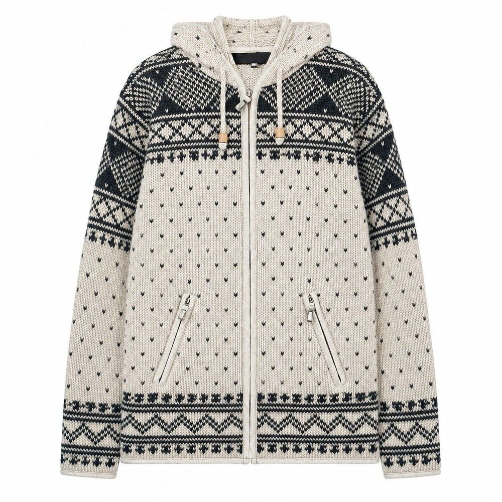 Laundromat 100% Wool Zurich Nordic Full Zip Hooded Sweater Jacket Men L